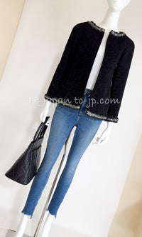 CHANEL 14A Black Silk Metallic Braided Trim Chenille Zipper Jacket 34 シャネル ブラック シルク ブレイド トリム ジッパー ジャケット 即発