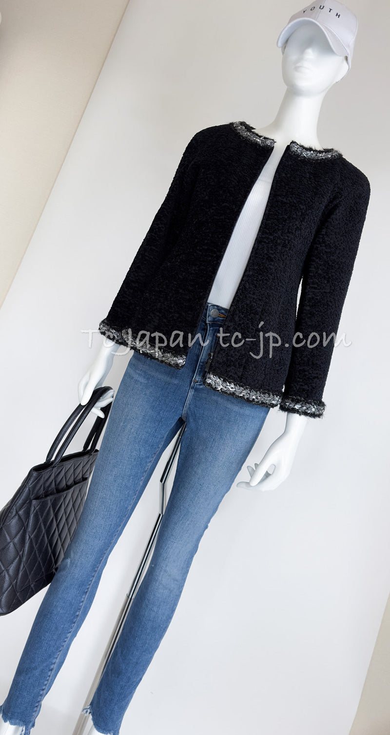 CHANEL 14A Black Silk Metallic Braided Trim Chenille Zipper Jacket 34 シャネル ブラック シルク ブレイド トリム ジッパー ジャケット 即発