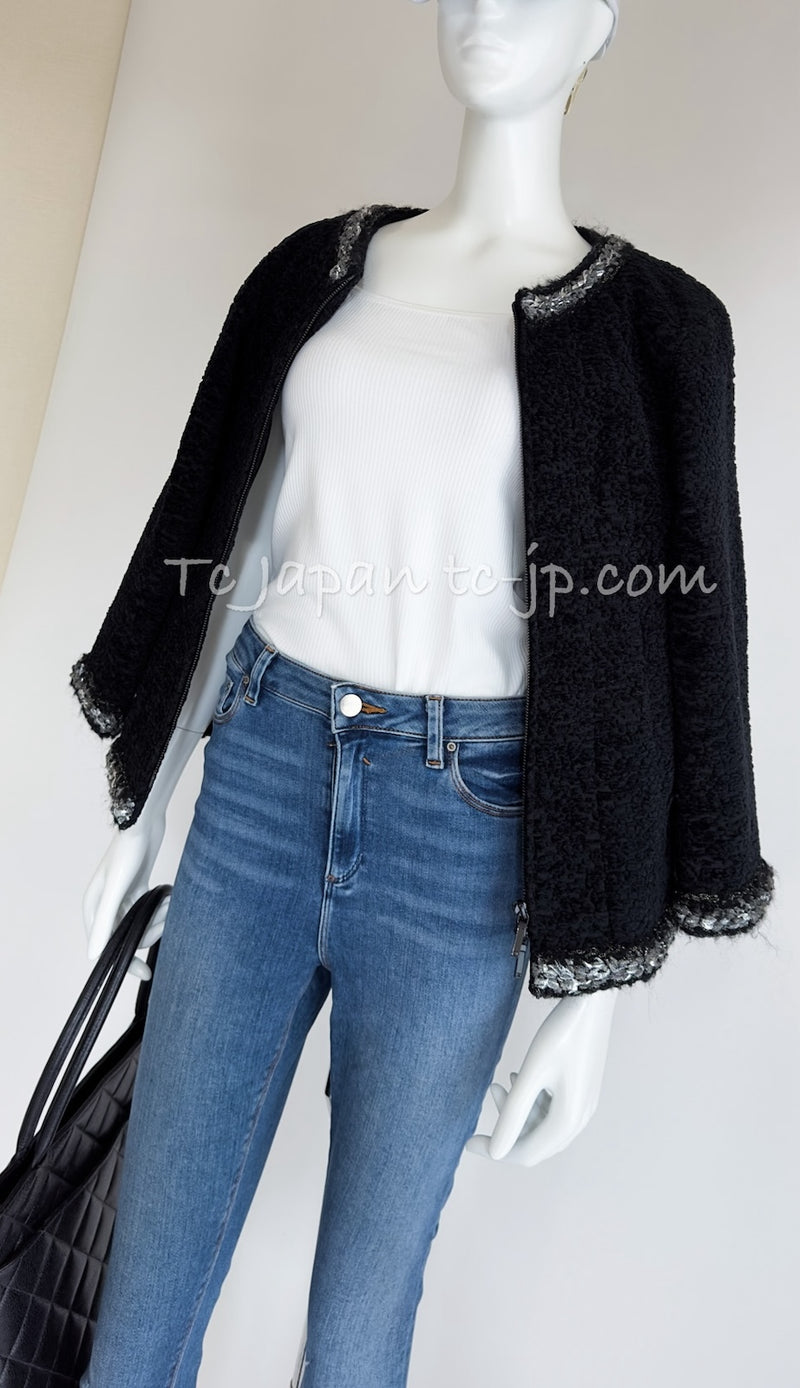 CHANEL 14A Black Silk Metallic Braided Trim Chenille Zipper Jacket 34 シャネル ブラック シルク ブレイド トリム ジッパー ジャケット 即発