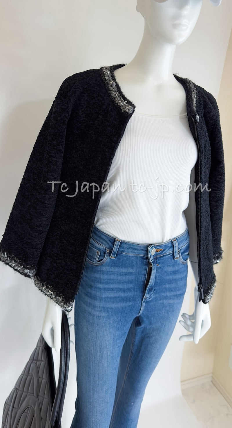CHANEL 14A Black Silk Metallic Braided Trim Chenille Zipper Jacket 34 シャネル ブラック シルク ブレイド トリム ジッパー ジャケット 即発