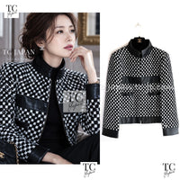 CHANEL 17B Black White LambSkin Leather Stand Collar Check Tweed Jacket 34 1