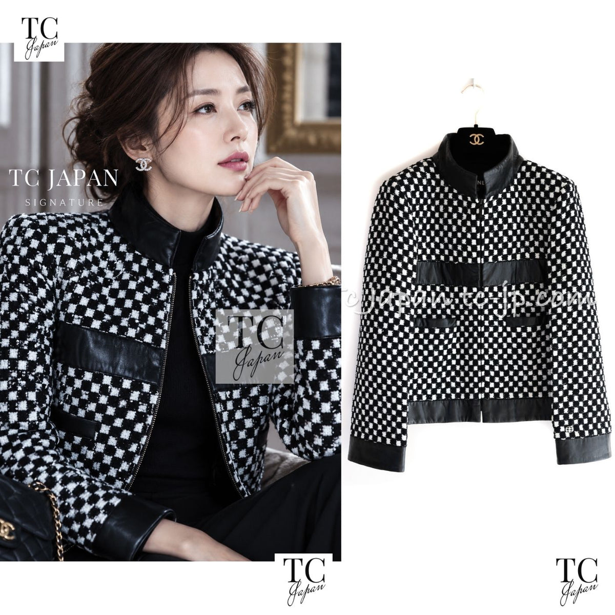 CHANEL 17B Black White LambSkin Leather Stand Collar Check Tweed Jacket 34 1