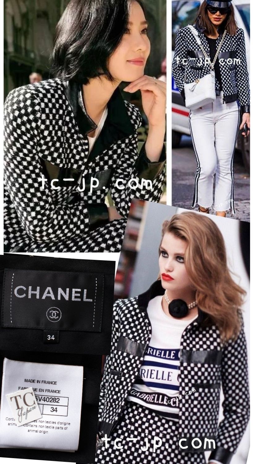 CHANEL 17B Black White LambSkin Leather Stand Collar Check Tweed Jacket 34 2