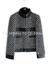 CHANEL 17B Black White LambSkin Leather Stand Collar Check Tweed Jacket 34 13