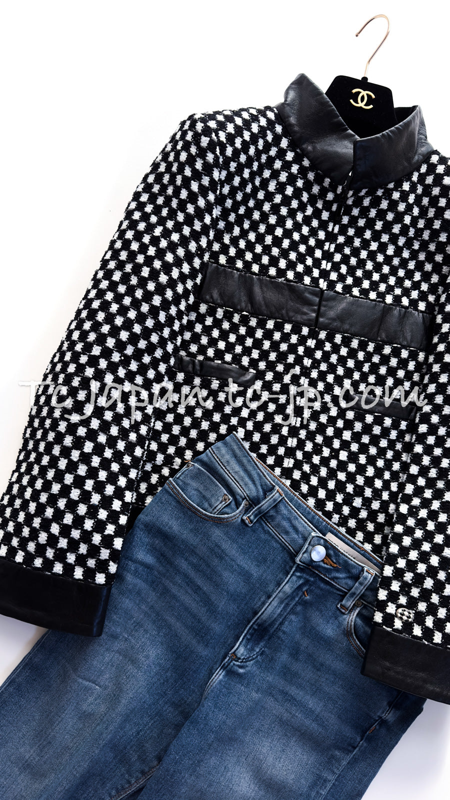 CHANEL 17B Black White LambSkin Leather Stand Collar Check Tweed Jacket 34 18