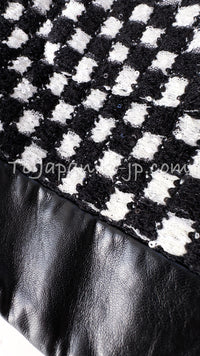 シャネル ジャケット CHANEL 17B ブラック ホワイト チェック レザー 襟 ツイード ラムスキン スタンドカラー 34