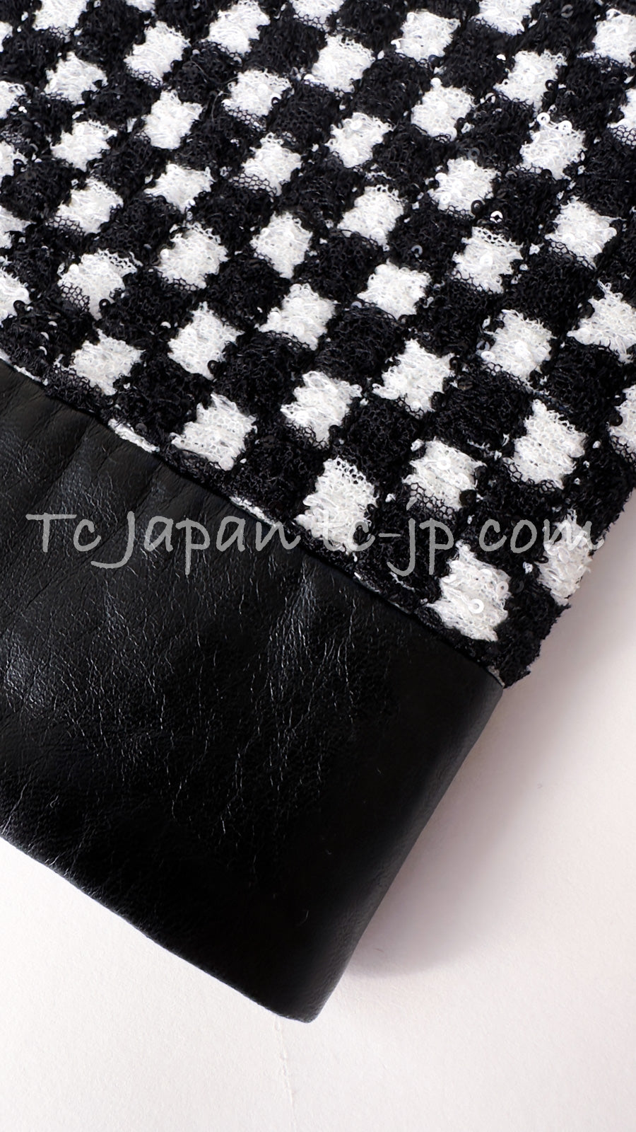 シャネル ジャケット CHANEL 17B ブラック ホワイト チェック レザー 襟 ツイード ラムスキン スタンドカラー 34