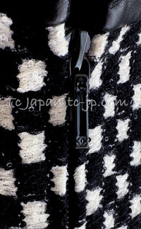 CHANEL 17B Black White LambSkin Leather Stand Collar Check Tweed Jacket 34 6