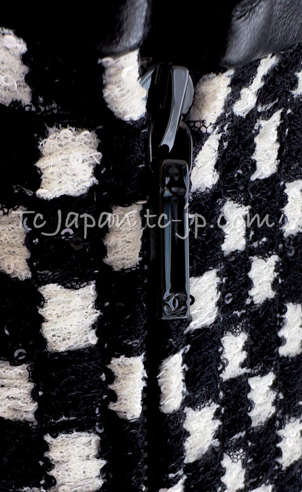 CHANEL 17B Black White LambSkin Leather Stand Collar Check Tweed Jacket 34 6