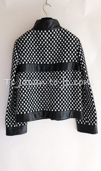CHANEL 17B Black White LambSkin Leather Stand Collar Check Tweed Jacket 34 7