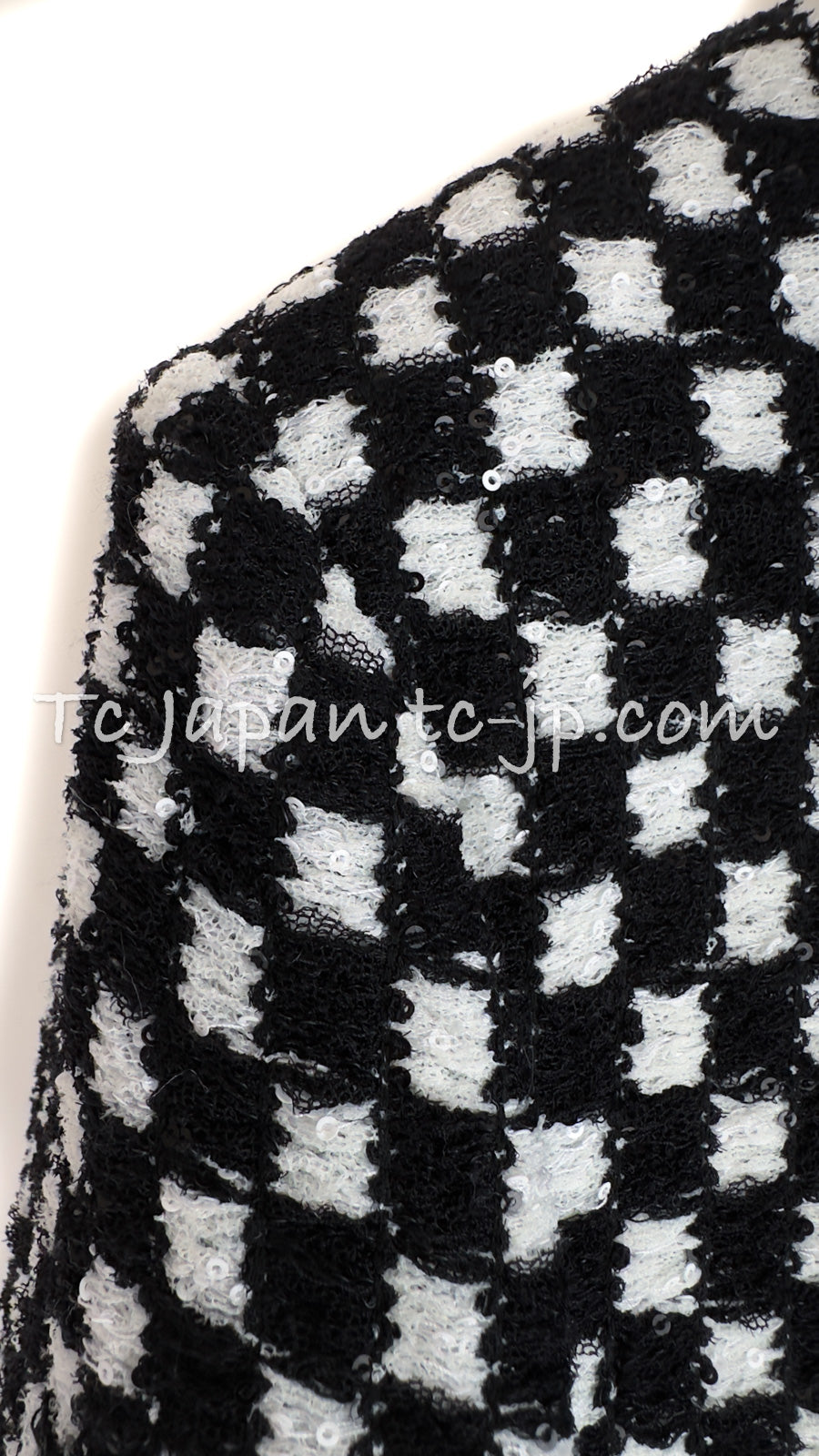 CHANEL 17B Black White LambSkin Leather Stand Collar Check Tweed Jacket 34 8