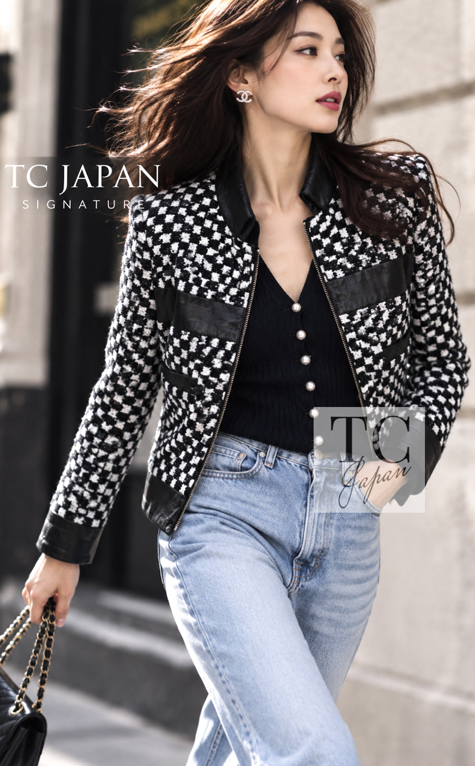 シャネル ジャケット CHANEL 17B ブラック ホワイト チェック レザー 襟 ツイード ラムスキン スタンドカラー 34