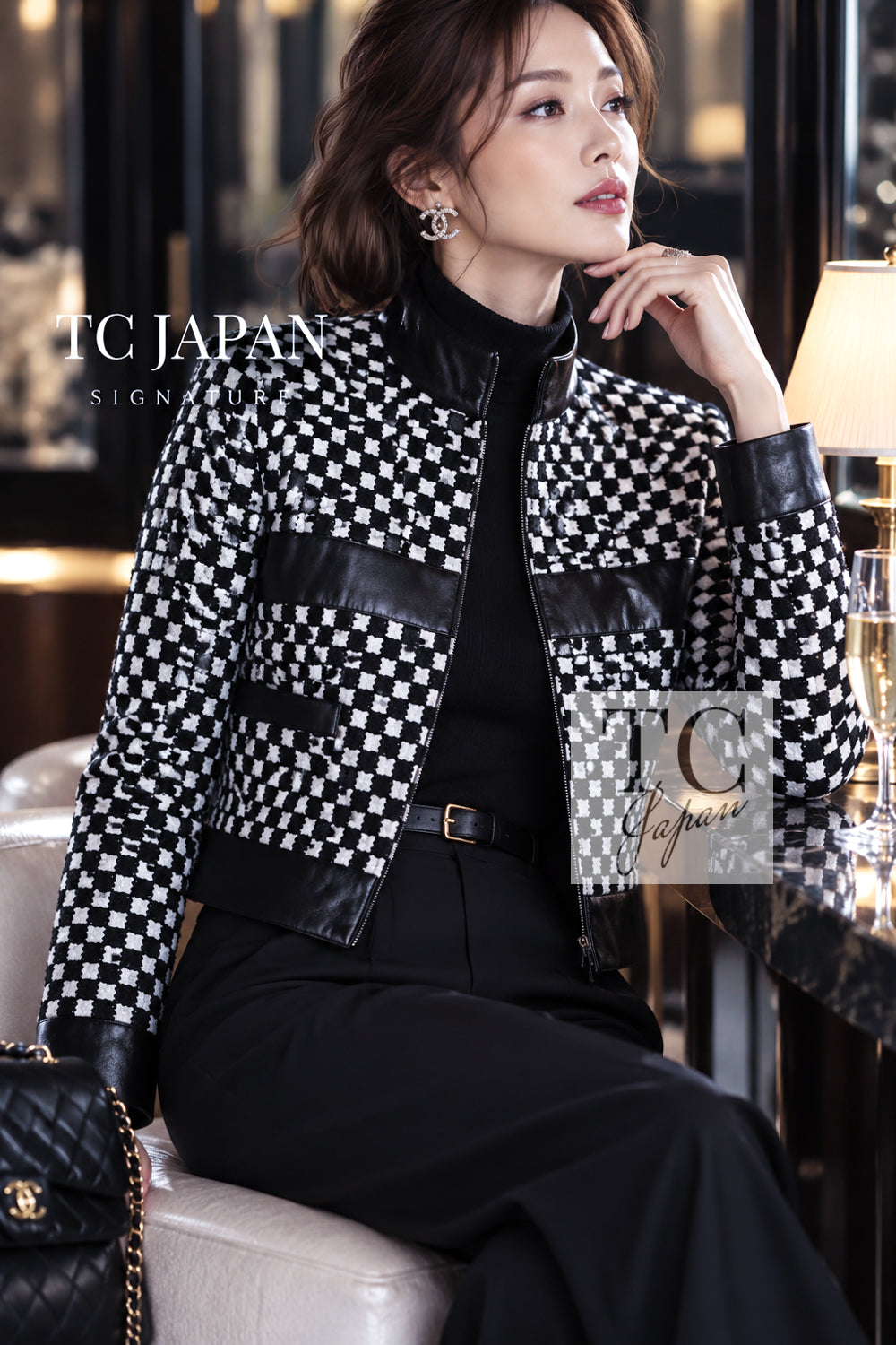 CHANEL 17B Black White LambSkin Leather Stand Collar Check Tweed Jacket 34 12