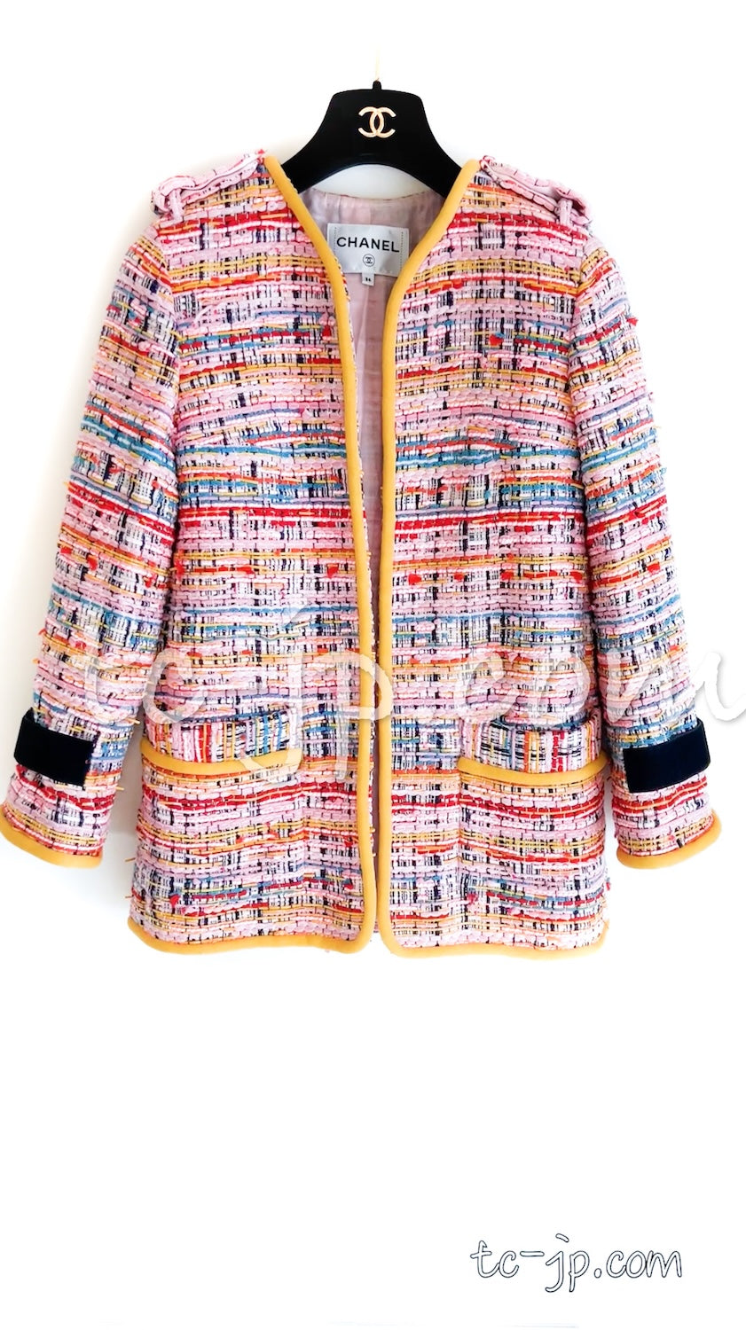 CHANEL 17S Pink Yellow Multi Trim Tweed Jacket 36 38 シャネル ピンク イエロー マルチカラー トリム ツイード ジャケット