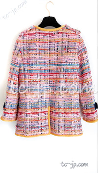 CHANEL 17S Pink Yellow Multi Trim Tweed Jacket 36 38 シャネル ピンク イエロー マルチカラー トリム ツイード ジャケット