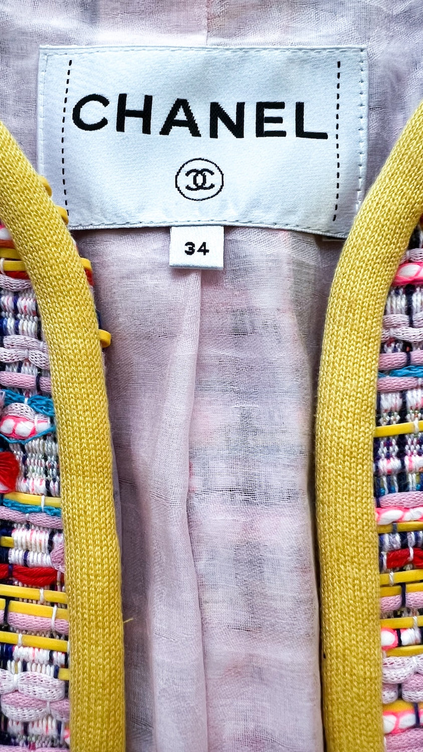 CHANEL 17S Pink Yellow Multi Trim Tweed Jacket 36 38 シャネル ピンク イエロー マルチカラー トリム ツイード ジャケット
