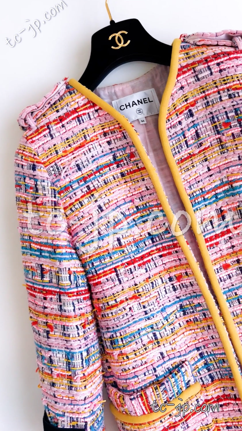 CHANEL 17S Pink Yellow Multi Trim Tweed Jacket 36 38 シャネル ピンク イエロー マルチカラー トリム ツイード ジャケット