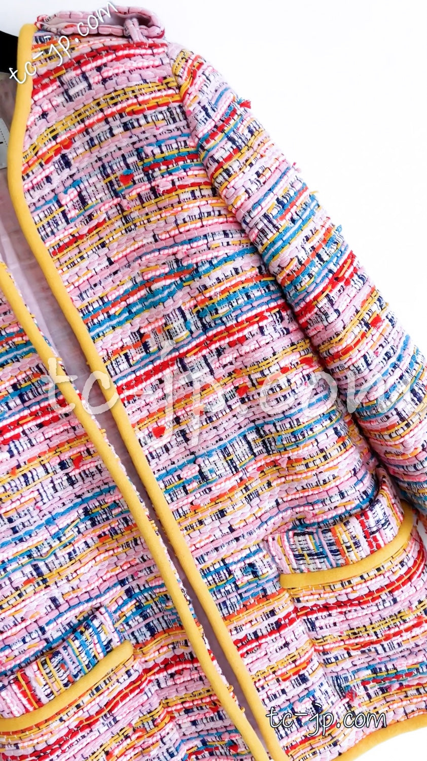 CHANEL 17S Pink Yellow Multi Trim Tweed Jacket 36 38 シャネル ピンク イエロー マルチカラー トリム ツイード ジャケット