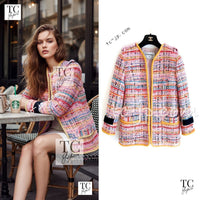 CHANEL 17S Pink Yellow Multi Trim Tweed Jacket 36 38 シャネル ピンク イエロー マルチカラー トリム ツイード ジャケット