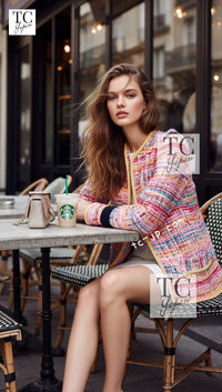 CHANEL 17S Pink Yellow Multi Trim Tweed Jacket 36 38 シャネル ピンク イエロー マルチカラー トリム ツイード ジャケット