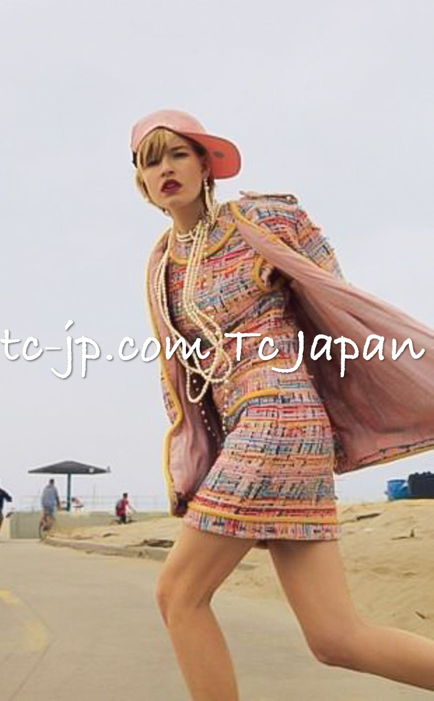 CHANEL 17S Pink Yellow Multi Trim Tweed Jacket 36 38 シャネル ピンク イエロー マルチカラー トリム ツイード ジャケット - TC JAPAN