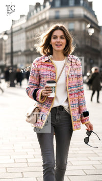 CHANEL 17S Pink Yellow Multi Trim Tweed Jacket 36 38 シャネル ピンク イエロー マルチカラー トリム ツイード ジャケット