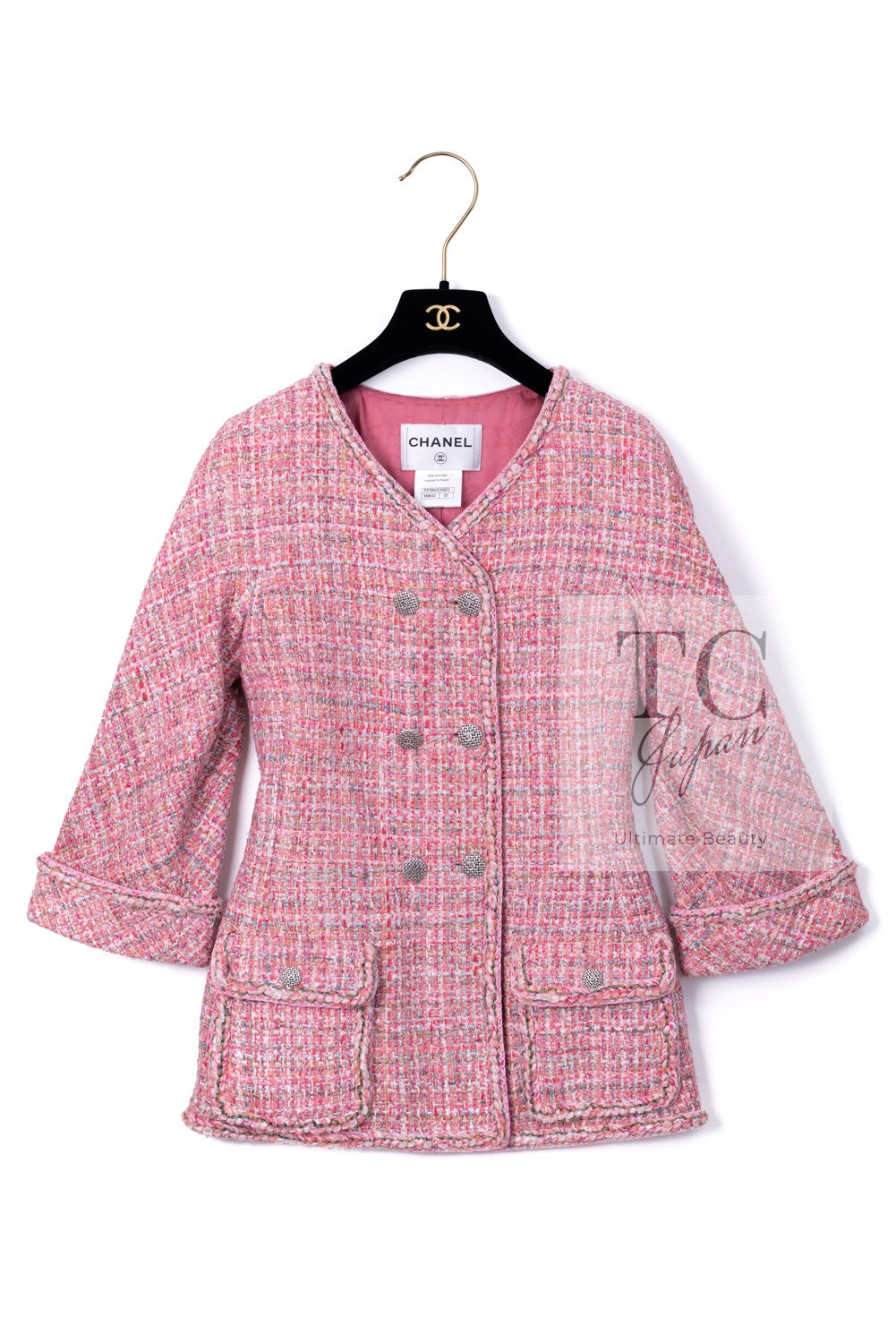 シャネル ジャケット CHANEL ピンク ダブル ノーカラー ツイード 14S