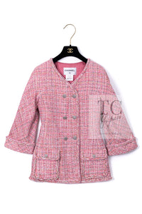CHANEL 14S Pink Double Collarless Tweed Jacket 34 シャネル ピンク ダブル ノーカラー ツイード ジャケット 即発