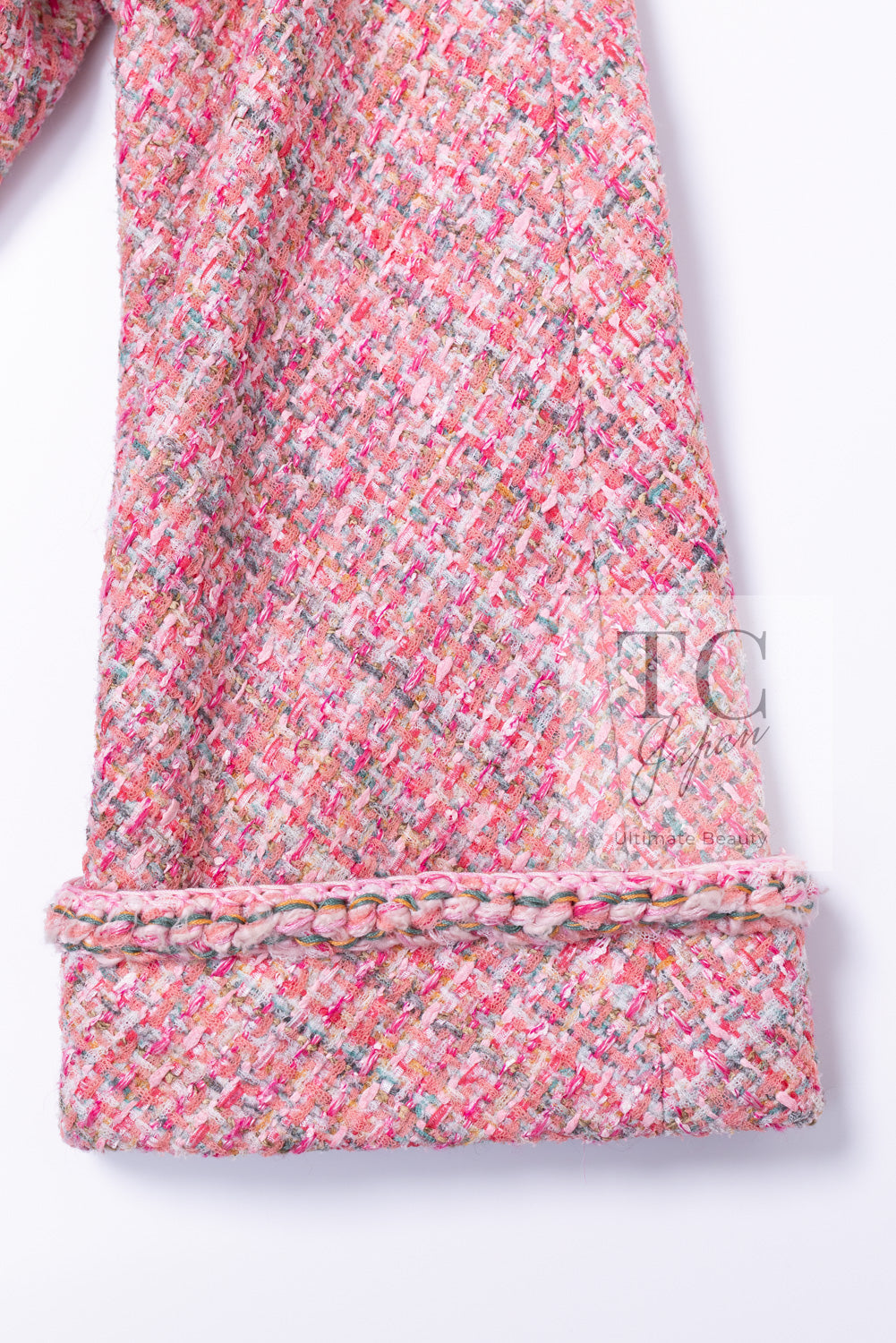シャネル ジャケット CHANEL ピンク ダブル ノーカラー ツイード 14S