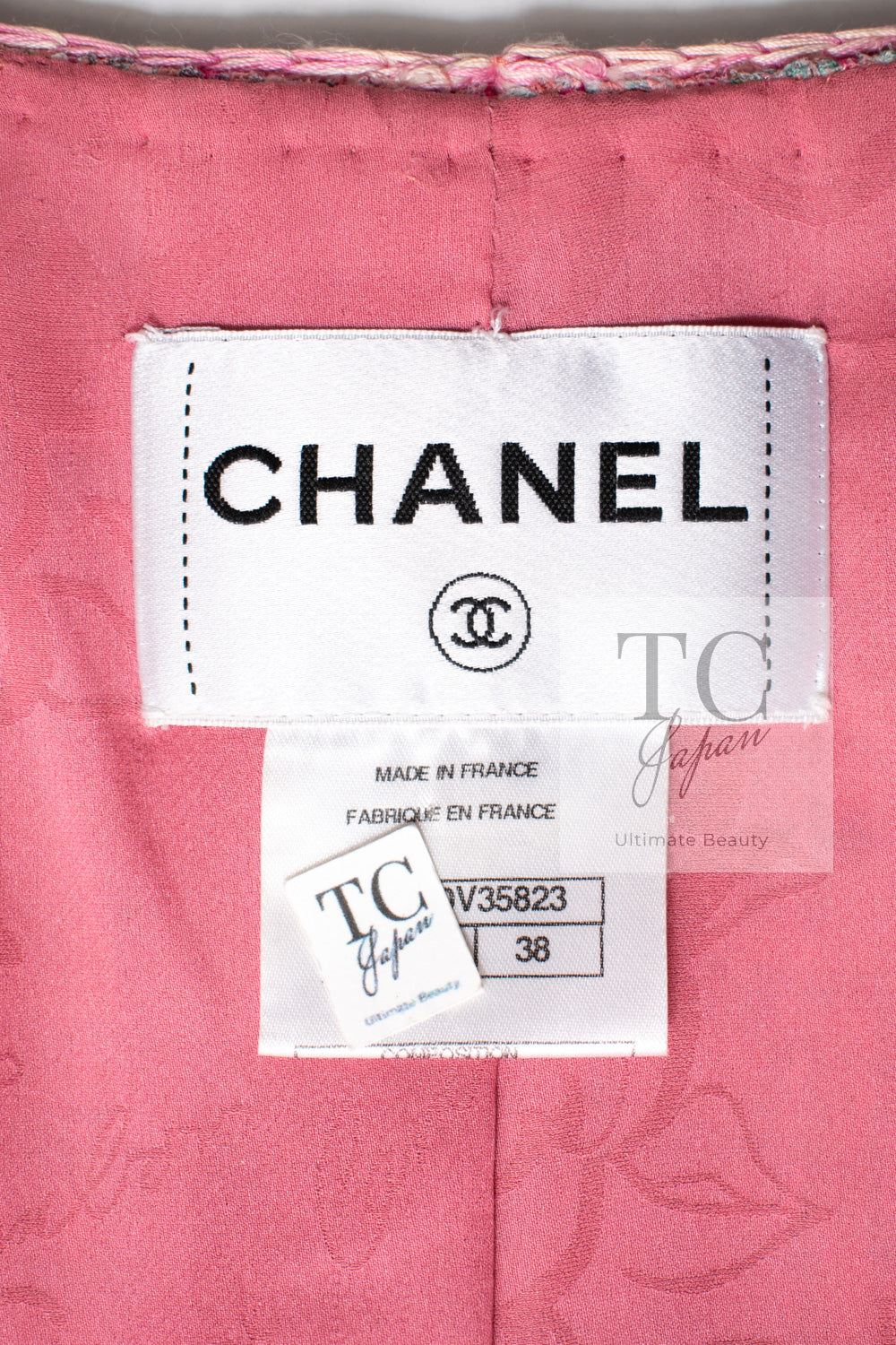 シャネル ジャケット CHANEL 14S ピンク ダブル 襟なし ツイード ノー