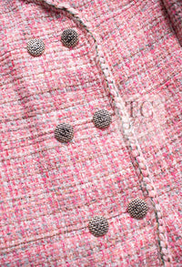 CHANEL 14S Pink Double Collarless Tweed Jacket 34 シャネル ピンク ダブル ノーカラー ツイード ジャケット 即発