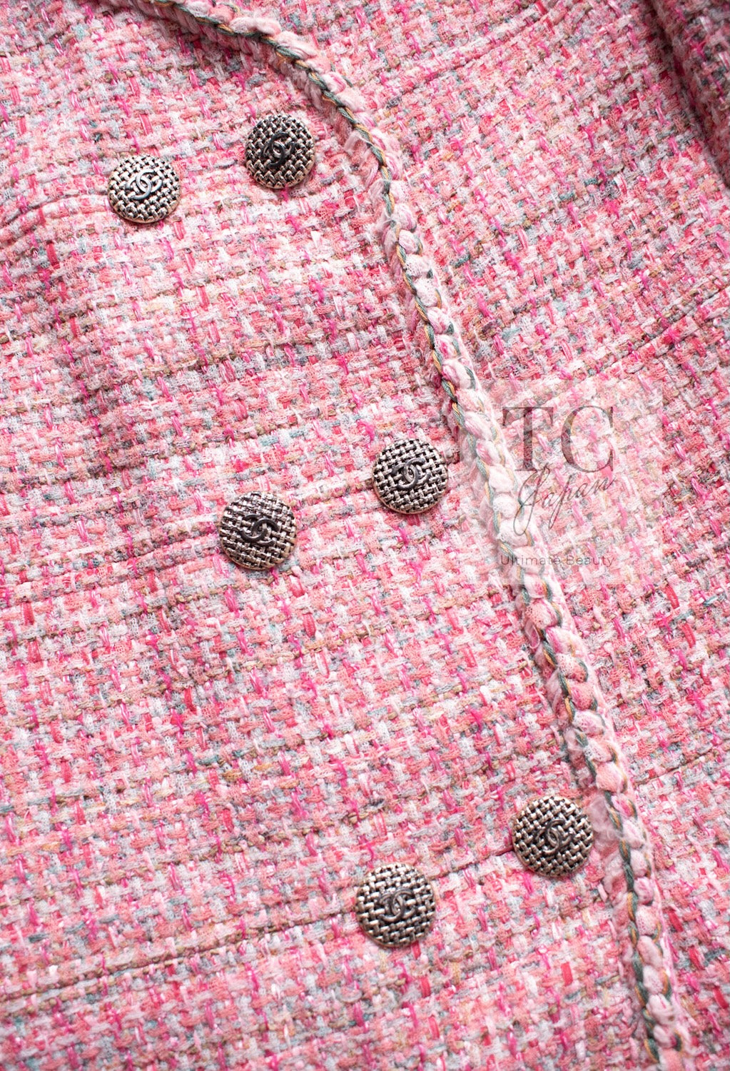 CHANEL 14S Pink Double Collarless Tweed Jacket 34 シャネル ピンク ダブル ノーカラー ツイード ジャケット 即発