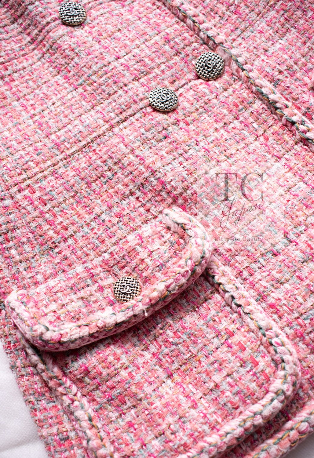 CHANEL 14S Pink Double Collarless Tweed Jacket 34 シャネル ピンク ダブル ノーカラー ツイード ジャケット 即発