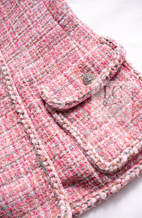 CHANEL 14S Pink Double Collarless Tweed Jacket 34 シャネル ピンク ダブル ノーカラー ツイード ジャケット 即発
