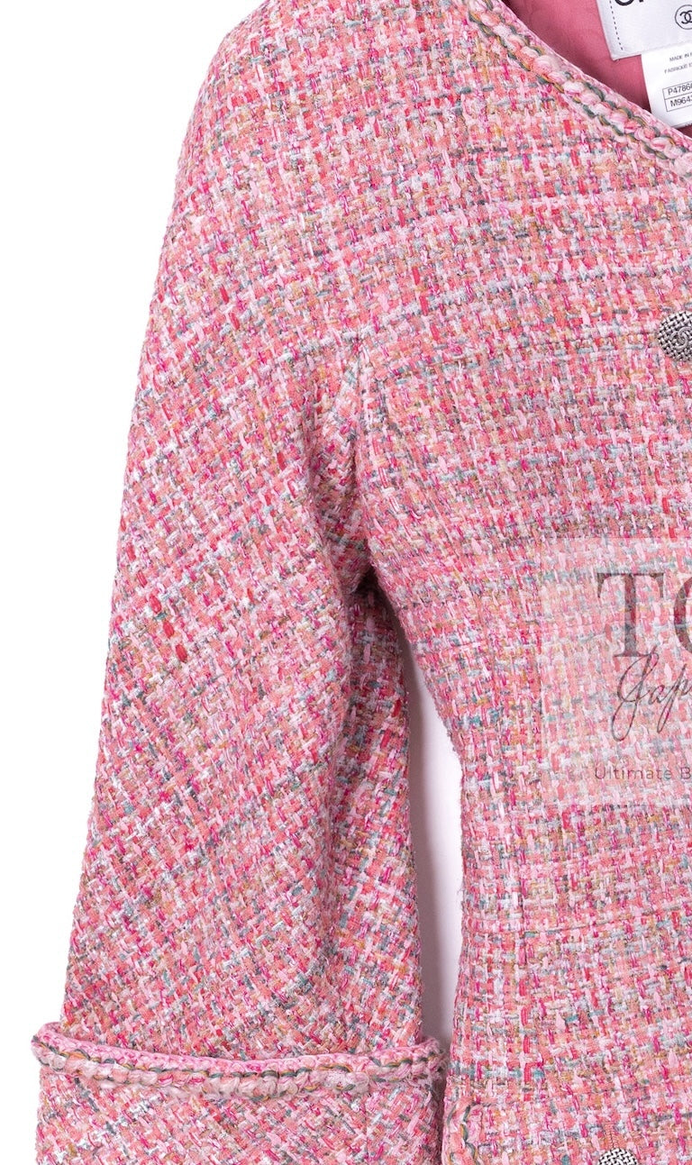 シャネル ジャケット CHANEL ピンク ダブル ノーカラー ツイード 14S