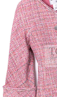 CHANEL 14S Pink Double Collarless Tweed Jacket 34 シャネル ピンク ダブル ノーカラー ツイード ジャケット 即発