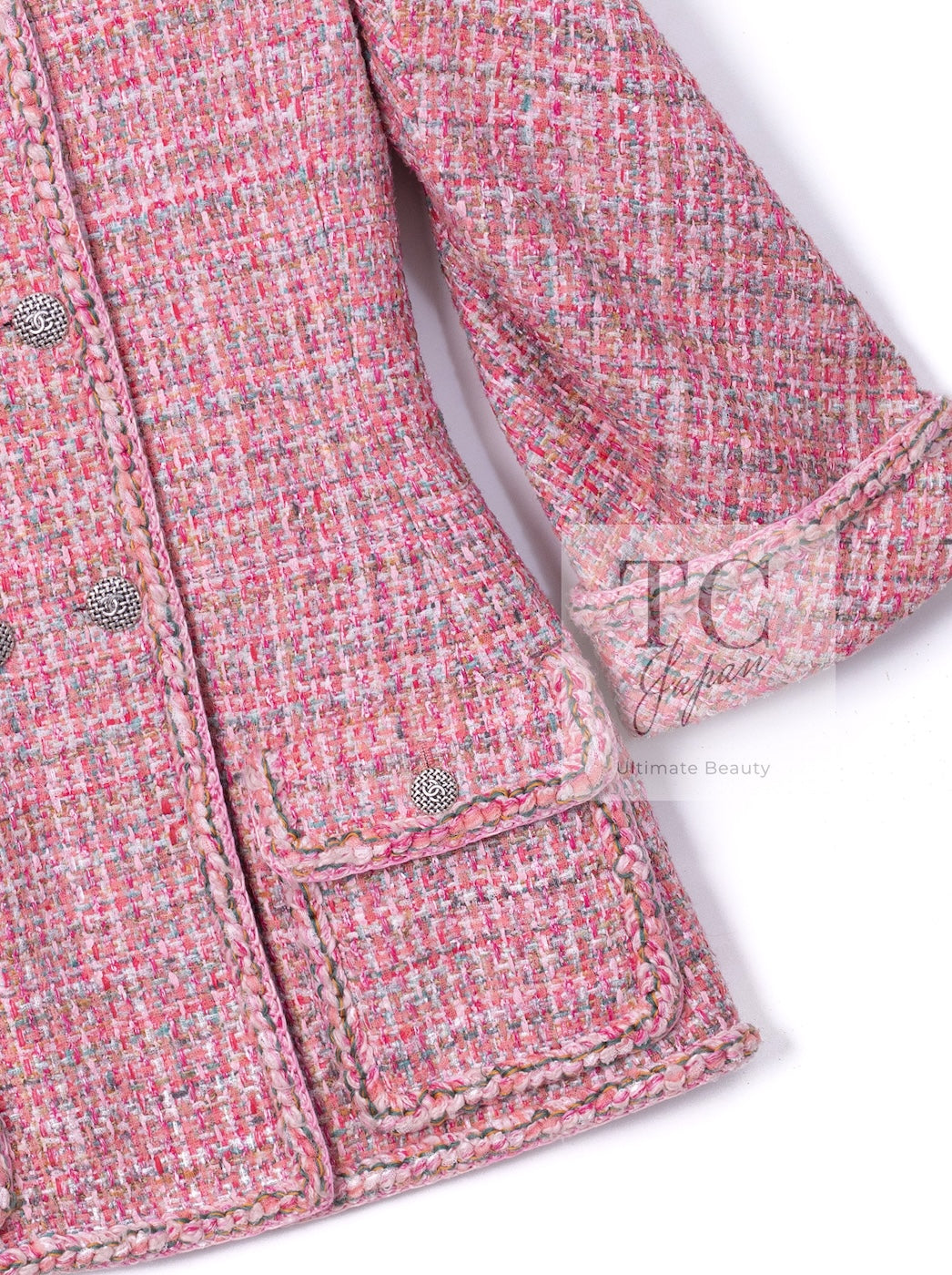 CHANEL 14S Pink Double Collarless Tweed Jacket 34 シャネル ピンク ダブル ノーカラー ツイード ジャケット 即発