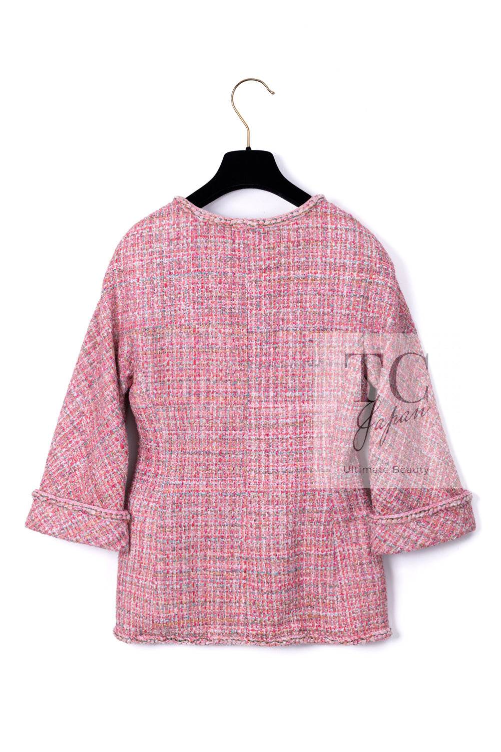 シャネル ジャケット CHANEL ピンク ダブル ノーカラー ツイード 14S