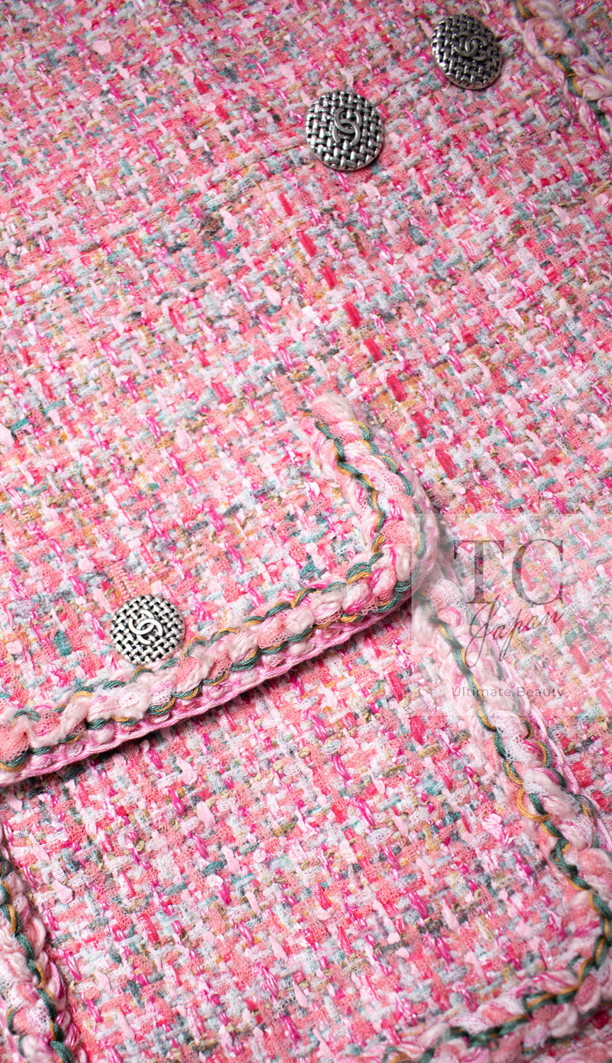 シャネル ジャケット CHANEL ピンク ダブル ノーカラー ツイード 14S