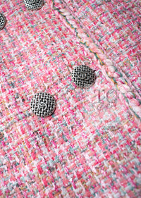 CHANEL 14S Pink Double Collarless Tweed Jacket 34 シャネル ピンク ダブル ノーカラー ツイード ジャケット 即発