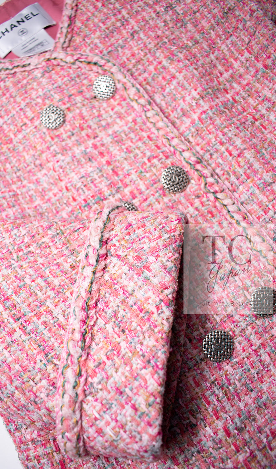 CHANEL 14S Pink Double Collarless Tweed Jacket 36 38 シャネル ピンク ダブル ノーカラー ツイード ジャケット 即発