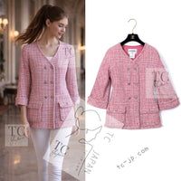 CHANEL 14S Pink Double Collarless Tweed Jacket 34 シャネル ピンク ダブル ノーカラー ツイード ジャケット 即発