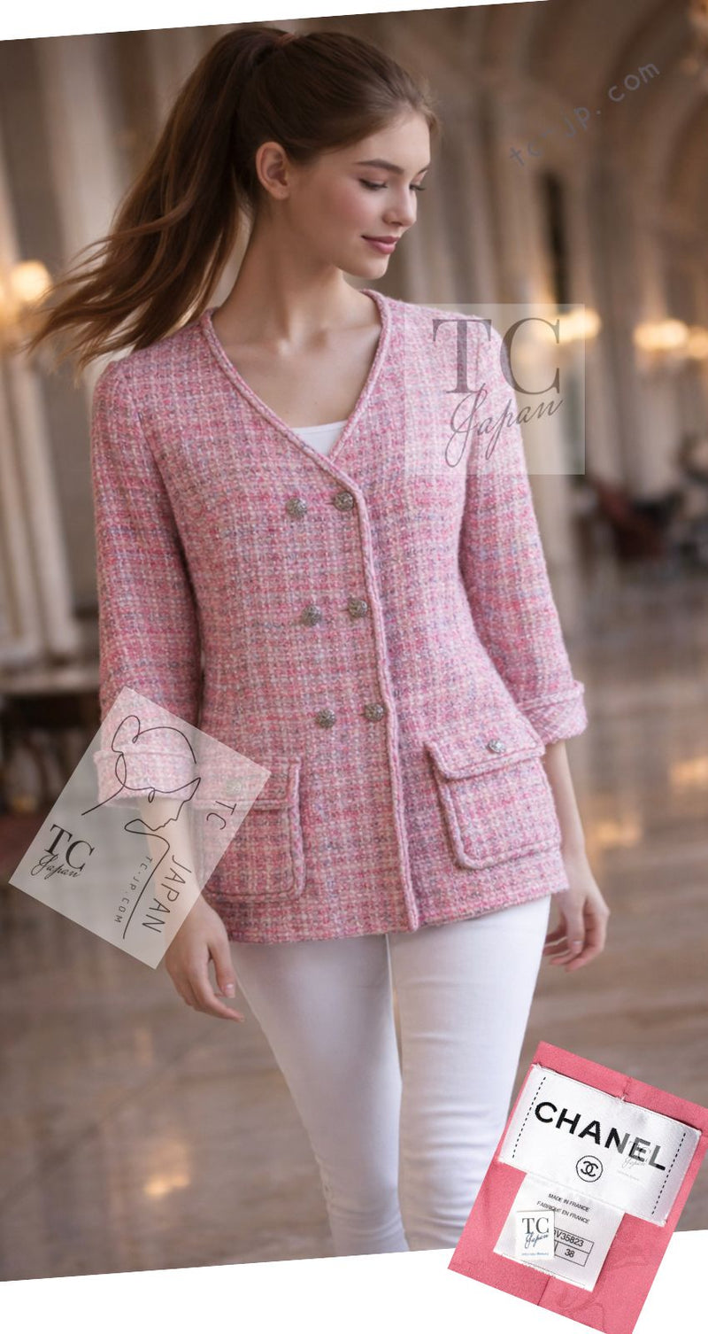 CHANEL 14S Pink Double Collarless Tweed Jacket 36 38 シャネル ピンク ダブル ノーカラー ツイード ジャケット 即発
