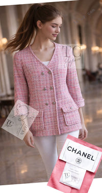 CHANEL 14S Pink Double Collarless Tweed Jacket 34 シャネル ピンク ダブル ノーカラー ツイード ジャケット 即発