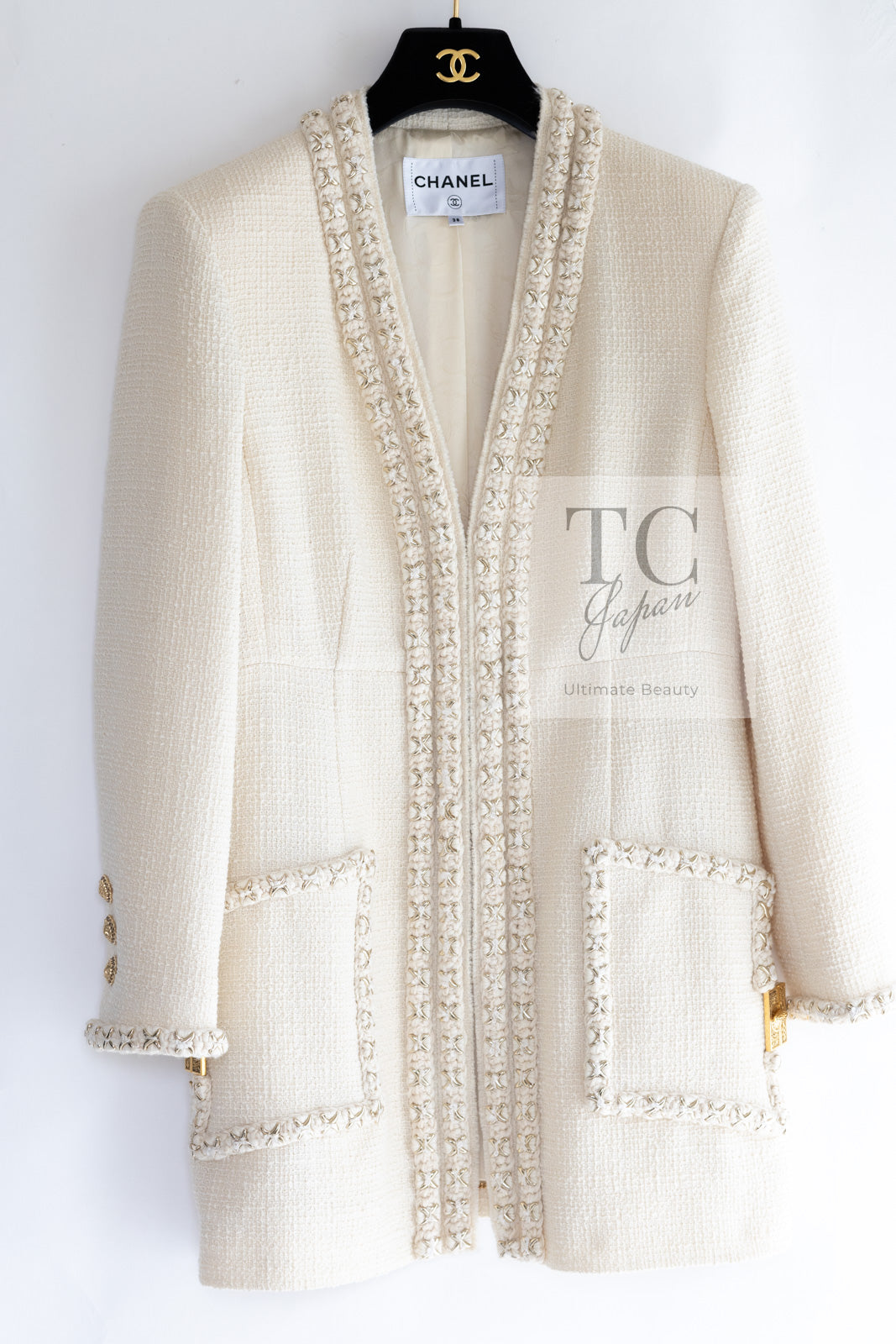 CHANEL 17PF Ivory Cream Wool Tweed Coat Jacket 38 40 シャネル アイボリー クリーム ウール ツイード コート ジャケット 即発