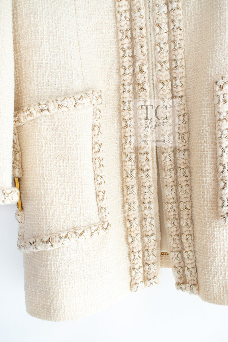 CHANEL 17PF Ivory Cream Wool Tweed Coat Jacket 38 40 シャネル アイボリー クリーム ウール ツイード コート ジャケット 即発