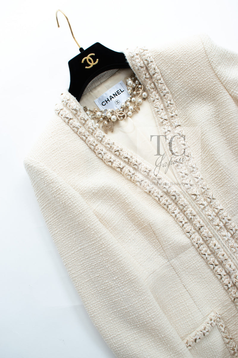 CHANEL 17PF Ivory Cream Wool Tweed Coat Jacket 38 40 シャネル アイボリー クリーム ウール ツイード コート ジャケット 即発