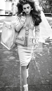 CHANEL 17PF Ivory Cream Wool Tweed Coat Jacket 38 40 シャネル アイボリー クリーム ウール ツイード コート ジャケット 即発