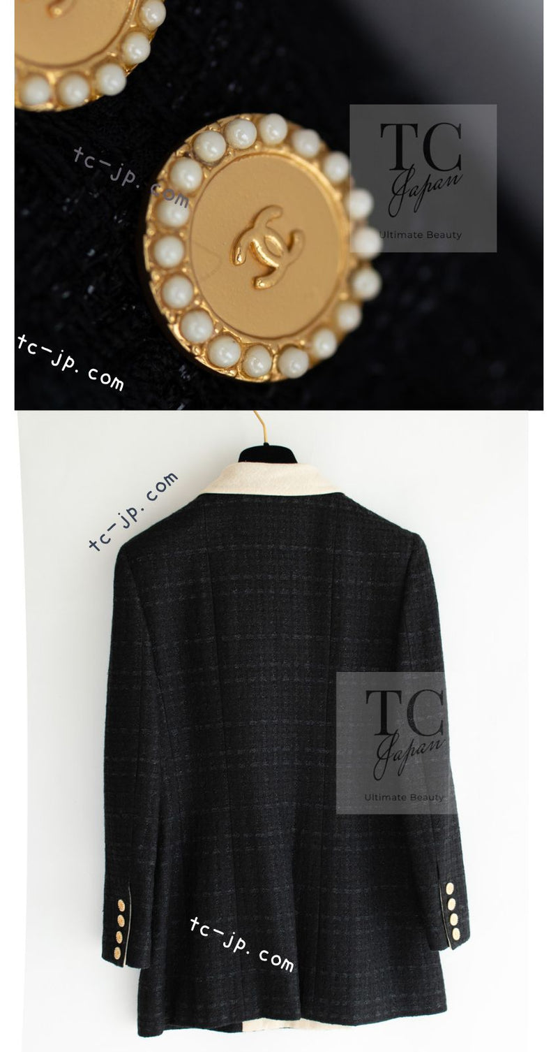 CHANEL 02S Black Beige Ivory Double Tweed Coat Jacket 42 シャネル ブラック ベージュ アイボリー ダブル ココボタン ツイード コート ジャケット 即発