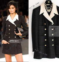 CHANEL 02S Black Beige Ivory Double Tweed Coat Jacket 42 シャネル ブラック ベージュ アイボリー ダブル ココボタン ツイード コート ジャケット 即発